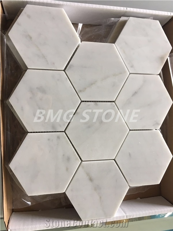 White Marble Bianco Carrara Polished Hexagon Mosaic Tiles, White Marble Carrara Wall Mosaic, Marble Carrara Floor Mosaic