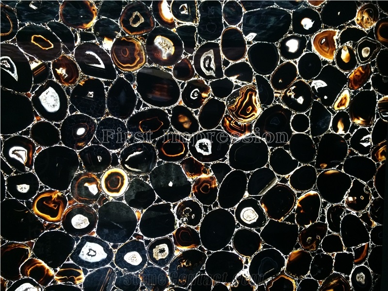 Classic Black Agate Semiprecious Stone Slabs/Luxury Dark Black Semi-Precious Stone/Semi Precious Stone Slab for Wall Cladding&Flooring/Semi-Precious Stone Panel/Interior Decoration Stone