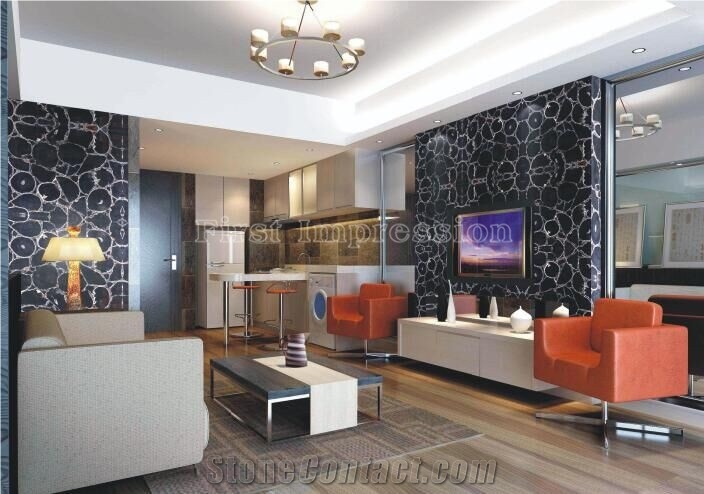 Classic Black Agate Semiprecious Stone Slabs/Luxury Dark Black Semi-Precious Stone/Semi Precious Stone Slab for Wall Cladding&Flooring/Semi-Precious Stone Panel/Interior Decoration Stone