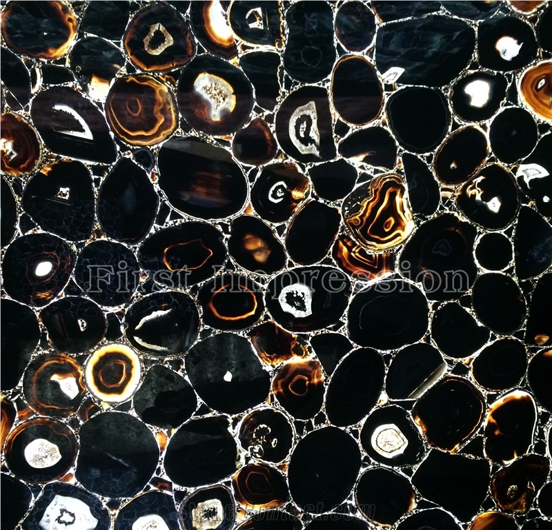 New Polished Black Agate Semiprecious Stone Slabs/Luxury Dark Black Semi-Precious Stone/Semi Precious Stone Slab for Wall Cladding&Flooring/Semi-Precious Stone Panel/Interior Decoration Stone