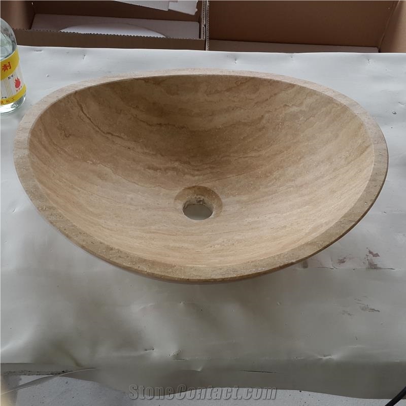 Beige Travertine Stone Manmade Polished Bathroom Wash Basins Sinks