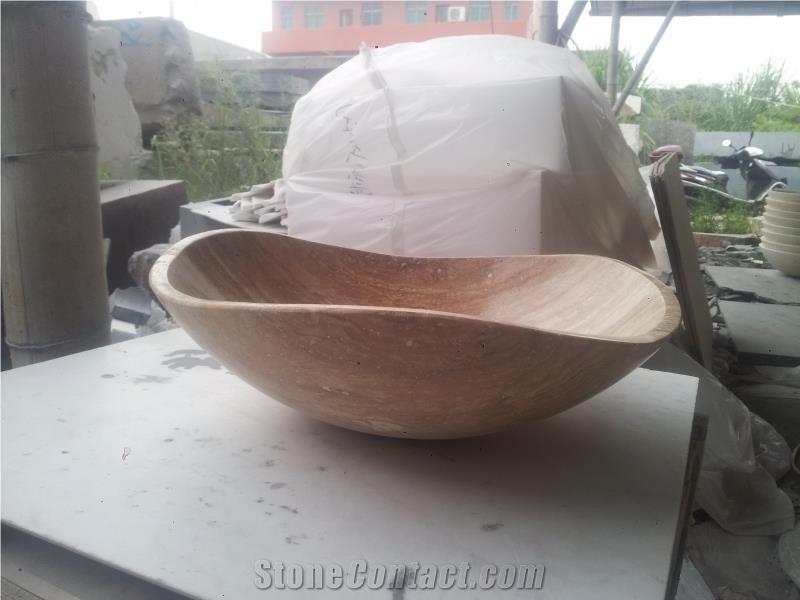 Beige Travertine Stone Manmade Polished Bathroom Wash Basins Sinks