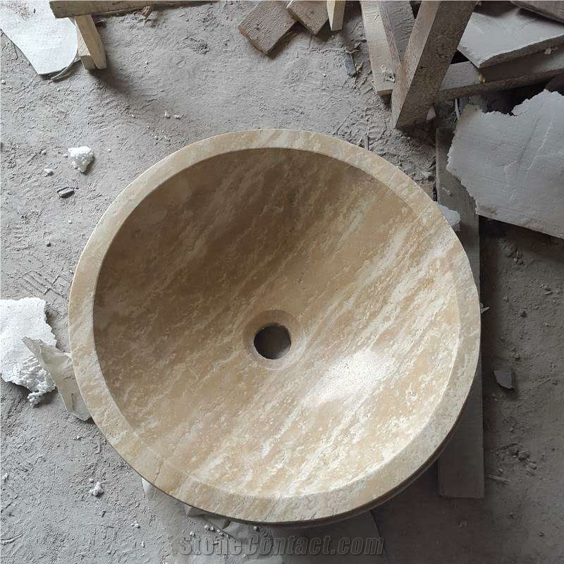 Beige Travertine Stone Manmade Polished Bathroom Wash Basins Sinks