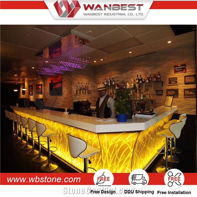 Custom Made Pure Acrylic Solid Surface High Glossy Curved 2017 New Design Led Cocktail Bar Counter for Nightclub