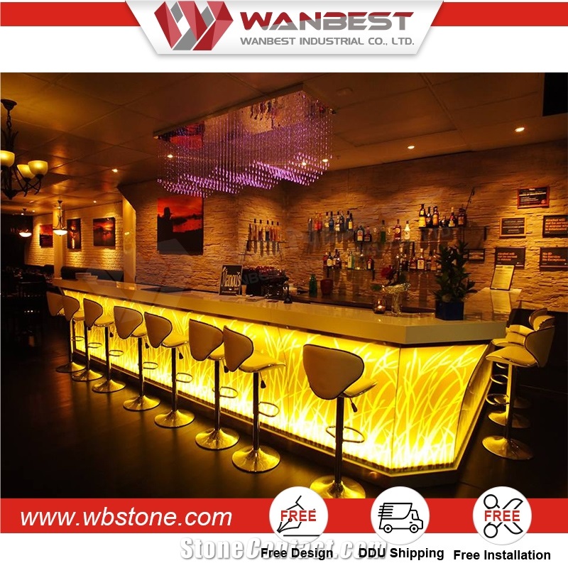Custom Made Pure Acrylic Solid Surface High Glossy Curved 2017 New Design Led Cocktail Bar Counter for Nightclub