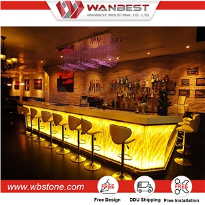 Custom Made Pure Acrylic Solid Surface High Glossy Curved 2017 New Design Led Cocktail Bar Counter for Nightclub