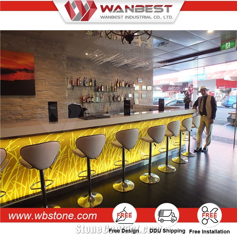 Custom Made Pure Acrylic Solid Surface High Glossy Curved 2017 New Design Led Cocktail Bar Counter for Nightclub