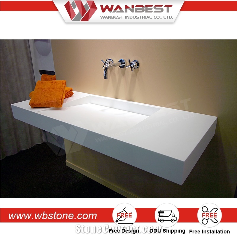 Wall Mounted White Solid Surface Rectangular Bathroom Sink