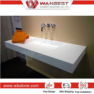 Wall Mounted White Solid Surface Rectangular Bathroom Sink