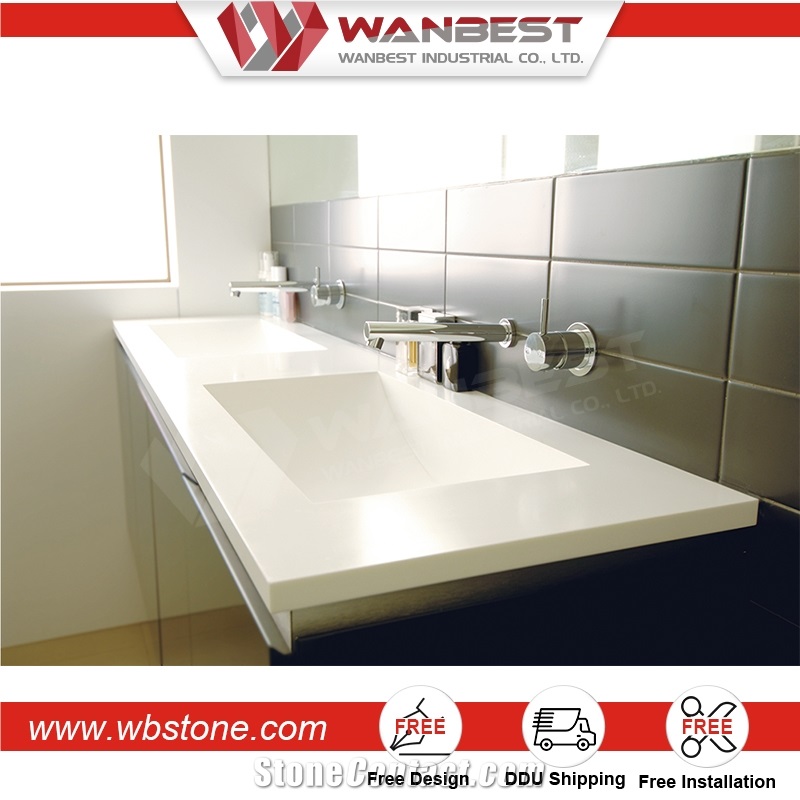 Wall Mounted White Solid Surface Rectangular Bathroom Sink