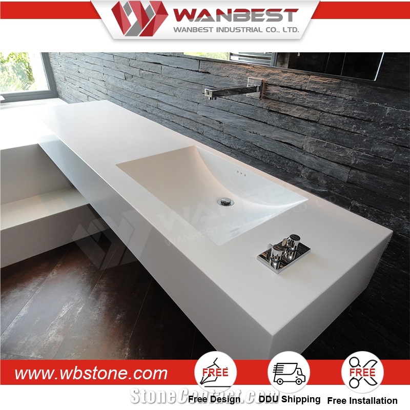 Wall Mounted White Solid Surface Rectangular Bathroom Sink