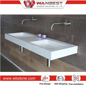 Wall Mounted White Solid Surface Rectangular Bathroom Sink