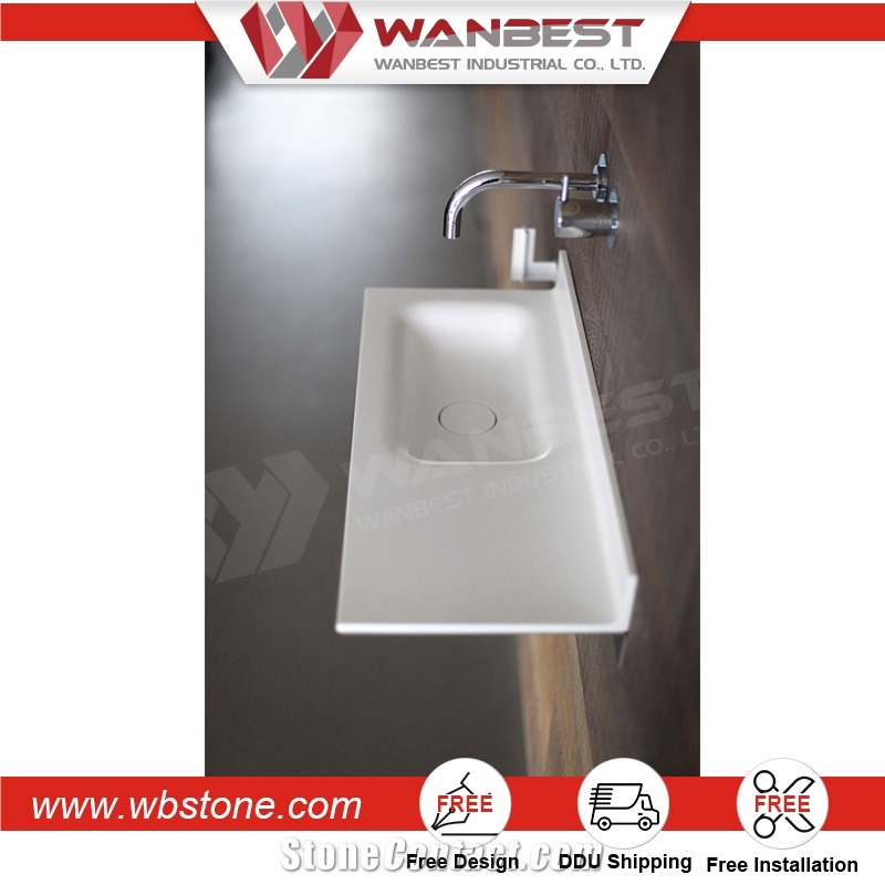Wall Mounted White Solid Surface Rectangular Bathroom Sink