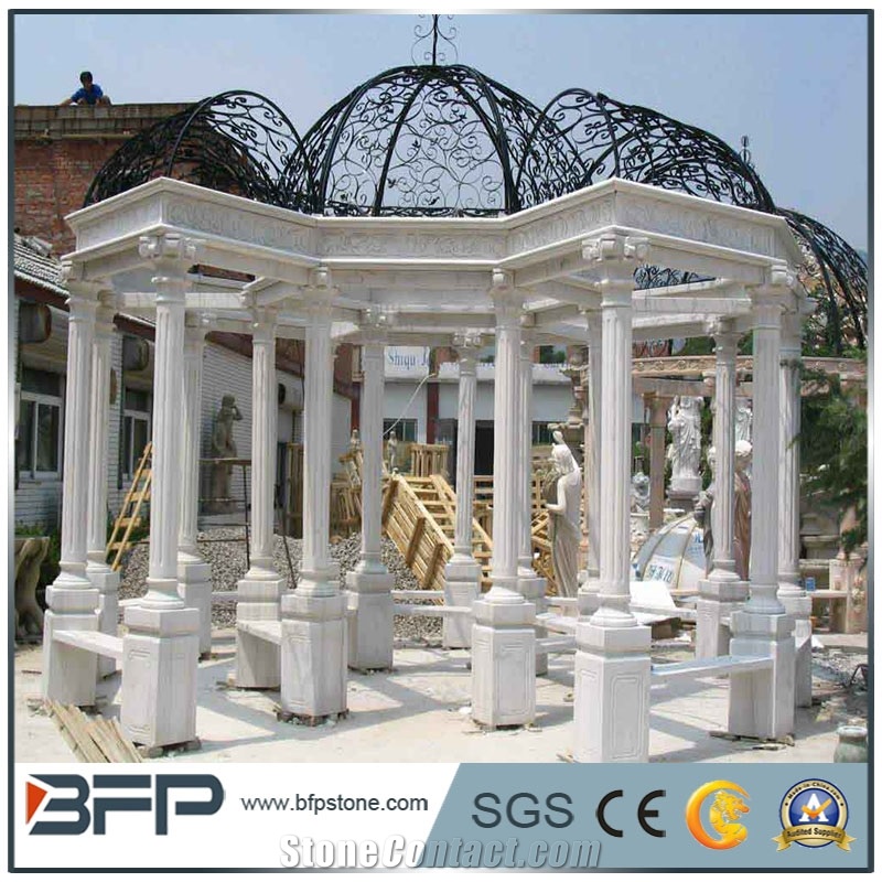 White Marble Gazebo with Cast Iron Roof for Garden