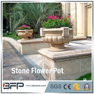 Yellow Granite Hand Split Bush Hammered Flower Pot in Garden for Decorative