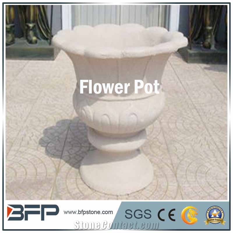 Yellow Granite Hand Split Bush Hammered Flower Pot in Garden for Decorative
