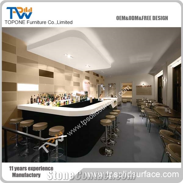 Curved L Shape Black Color Artificial Marble Stone Home Bar Counter with White Acrylic Solid Surface Work Tops for Sale
