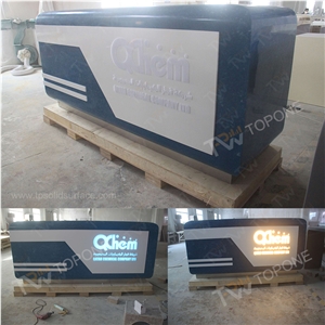 Customized Straight Artificial Marble Reception Desk with Led Light Logo Design, Modern Acrylic Solid Surface Front Reception Desk
