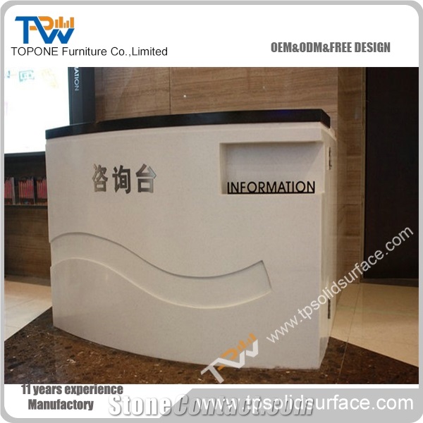 High Quality Artificial Marble Stone Top Level Elegance Information Reception Counter Desk Tops Design with Black Acrylic Solid Surafce