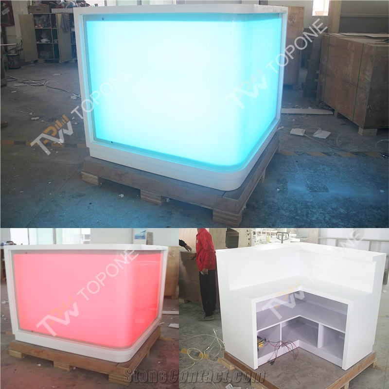 Led Light Illuminated L Shape Bar Counter with White Artificial Marble Stone Table Tops Design, L Shape Led Lighted Bar Counter with Acrylic Solid Surface Table Tops