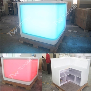 Led Light Illuminated L Shape Bar Counter with White Artificial Marble Stone Table Tops Design, L Shape Led Lighted Bar Counter with Acrylic Solid Surface Table Tops