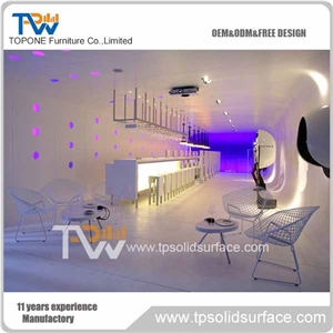 Led Lighted Illuminated Bar Counter with White Artificial Marble Stone Work Tops, Simple Design Acrylic Solid Surface Bar Counter Tops