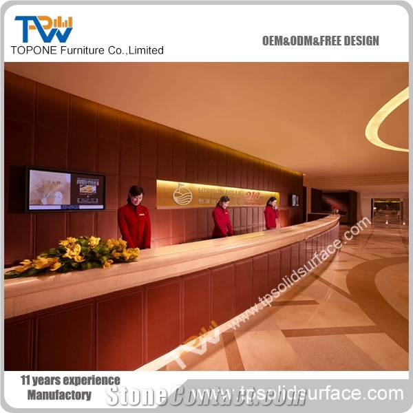 White Acrylic Solid Surface Reception Counter Tops Wooden Luxury Hotel Reception Counter with Artificial Marble Stone Table Tops Design