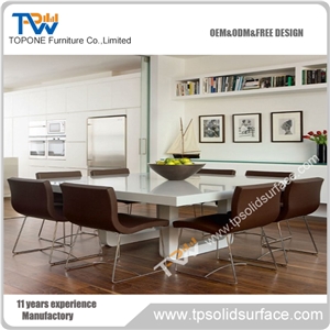 White Color High Quality Artificial Marble Stone Dinning Table Set 8 Seats with White Corian Acrylic Solid Surface Square Table Tops Design