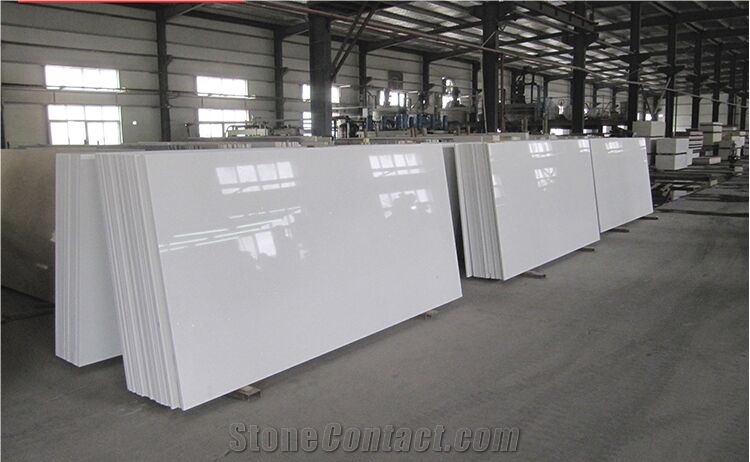Artificial Manufactured White Single Color Crystallized Quartz Stone Slabs, Tiles