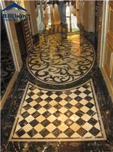 Black Portoro Medallion,Yellow Onyx Water Jet Medallion,Onyx Medallion/Onyx Round Medallion/Black Marble Inlayed Medallion,Oval Water Jet Pattern,Black and Gold Marble Pattern,Corridor Medallion,Villa