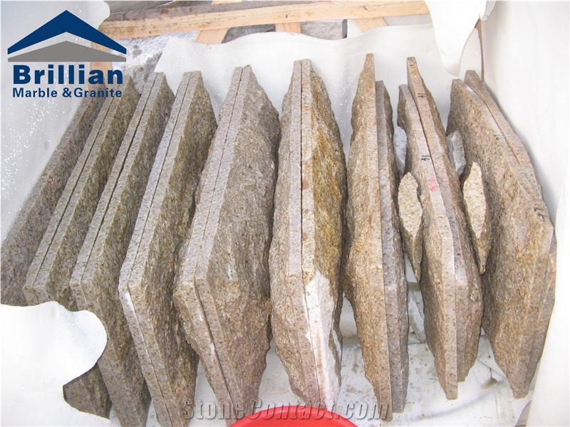G682 Granite Mushroomed Stone,Sunset Gold G682 Granite Mushroomed Cladding,Rusty Yellow Granite Wall Tiles,Giallo Rusty Mushroom Wall Cladding,Giallo Rustic Yellow Granite Split Face Mushroom Stone