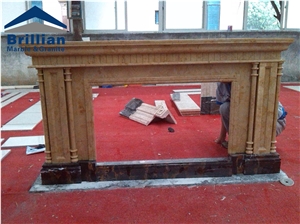 Golden Rose Marble Fireplace,Beige Marble Fireplace Mantel,Hearth,Insert,Hand Carved Flower Fireplace,Victorian Style Fireplace Mantel