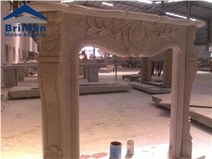 Ottoman Firplace,Beige Marble Firplace,Mantel Handcarved Flower Sculptured Fireplace, Polished Beige Marble Fireplace Mantel/Hearth/Design/Surround, Volakas Fireplace, British Style