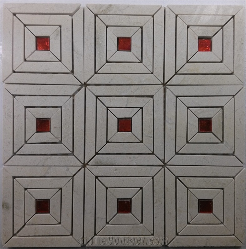 Red Glass Mix Beige Marble Mosaic Backsplash Tile