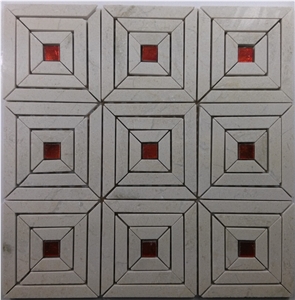 Red Glass Mix Beige Marble Mosaic Backsplash Tile