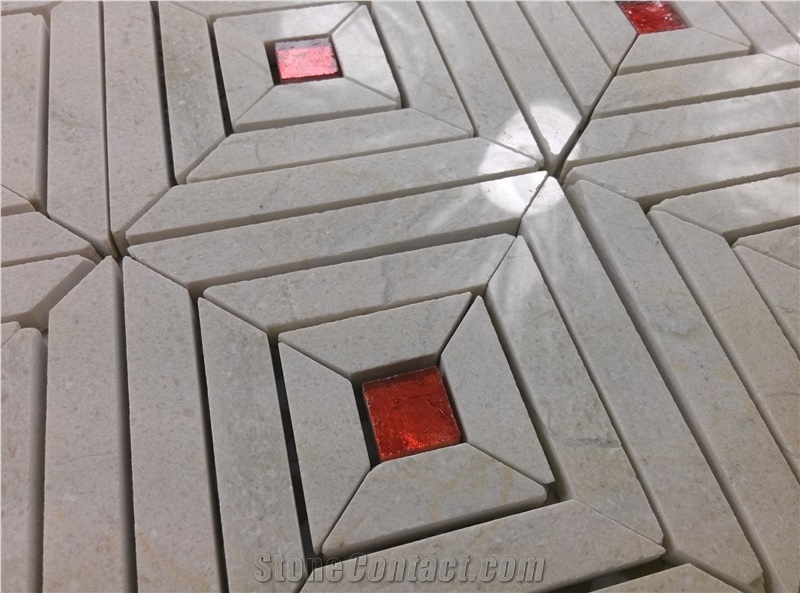Red Glass Mix Beige Marble Mosaic Backsplash Tile