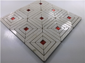 Red Glass Mix Beige Marble Mosaic Backsplash Tile