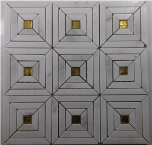 White Carrara Marble Strip Mosaic Mix Gold Glass Backsplash Tile