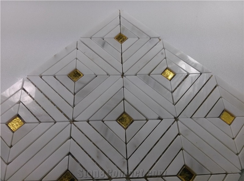 White Carrara Marble Strip Mosaic Mix Gold Glass Backsplash Tile