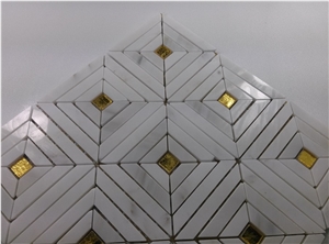 White Carrara Marble Strip Mosaic Mix Gold Glass Backsplash Tile