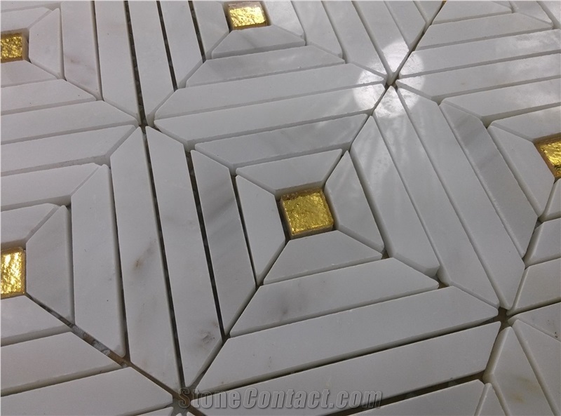 White Carrara Marble Strip Mosaic Mix Gold Glass Backsplash Tile
