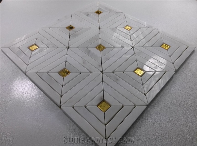 White Carrara Marble Strip Mosaic Mix Gold Glass Backsplash Tile