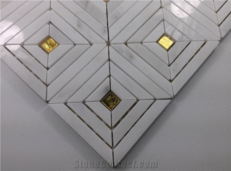 White Carrara Marble Strip Mosaic Mix Gold Glass Backsplash Tile