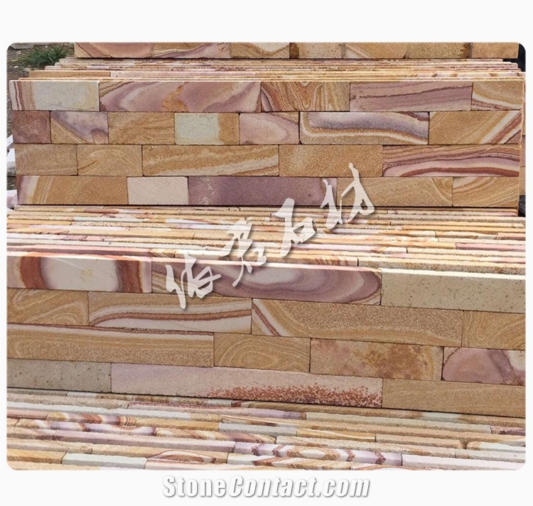 Castle Rock Veneer, Sandstone Feature Wall Cladding, Polised Surface, Wood Color, Hebei Province, China