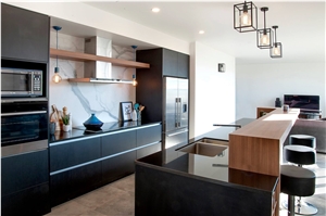 Large Statuario White Marble Looking Porcelain Tiles as a Splash-Back in This Stunning Kitchen