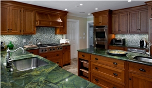 Amazon Green Benctop and Glass Mosaic Backsplash