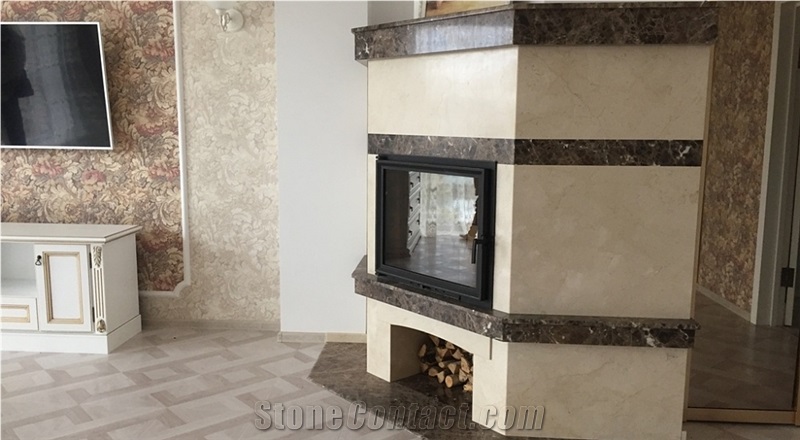 Cream Marfil and Dark Emperador Marble Fireplace Custom Design
