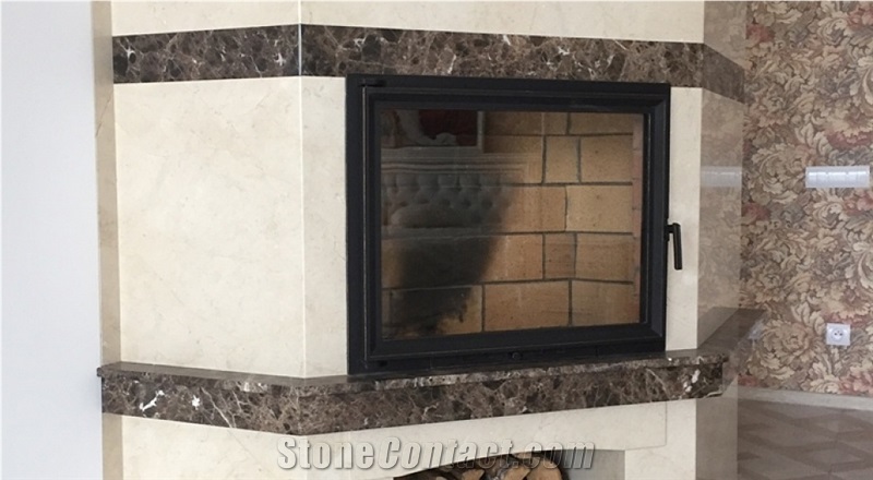 Cream Marfil and Dark Emperador Marble Fireplace Custom Design