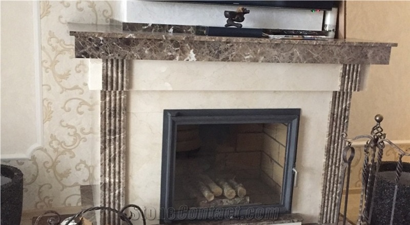 Cream Marfil and Dark Emperador Marble Fireplace Custom Design
