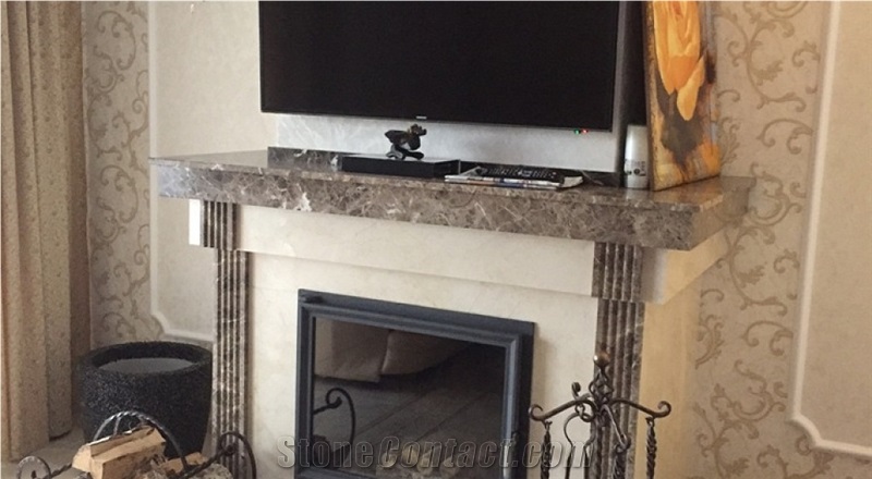 Cream Marfil and Dark Emperador Marble Fireplace Custom Design